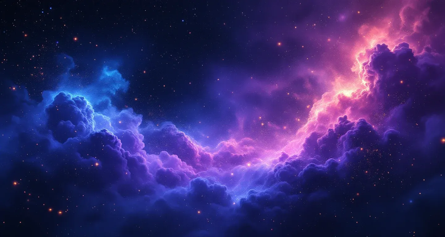Atmosphärische Traumszene aus violett-magenta Nebeln und goldenen Sternen, die das Symbol „Erde im Traum sehen“ darstellt.