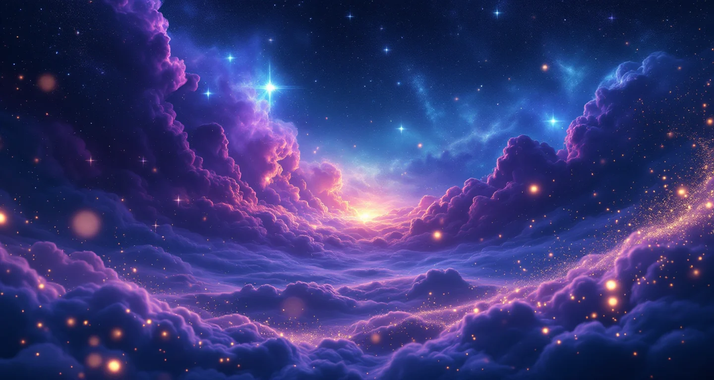 Rüyada Traş Olmak sembolünü temsil eden, mor-magenta bulutsu ve altın yıldızlardan oluşan atmosferik rüya sahnesi.