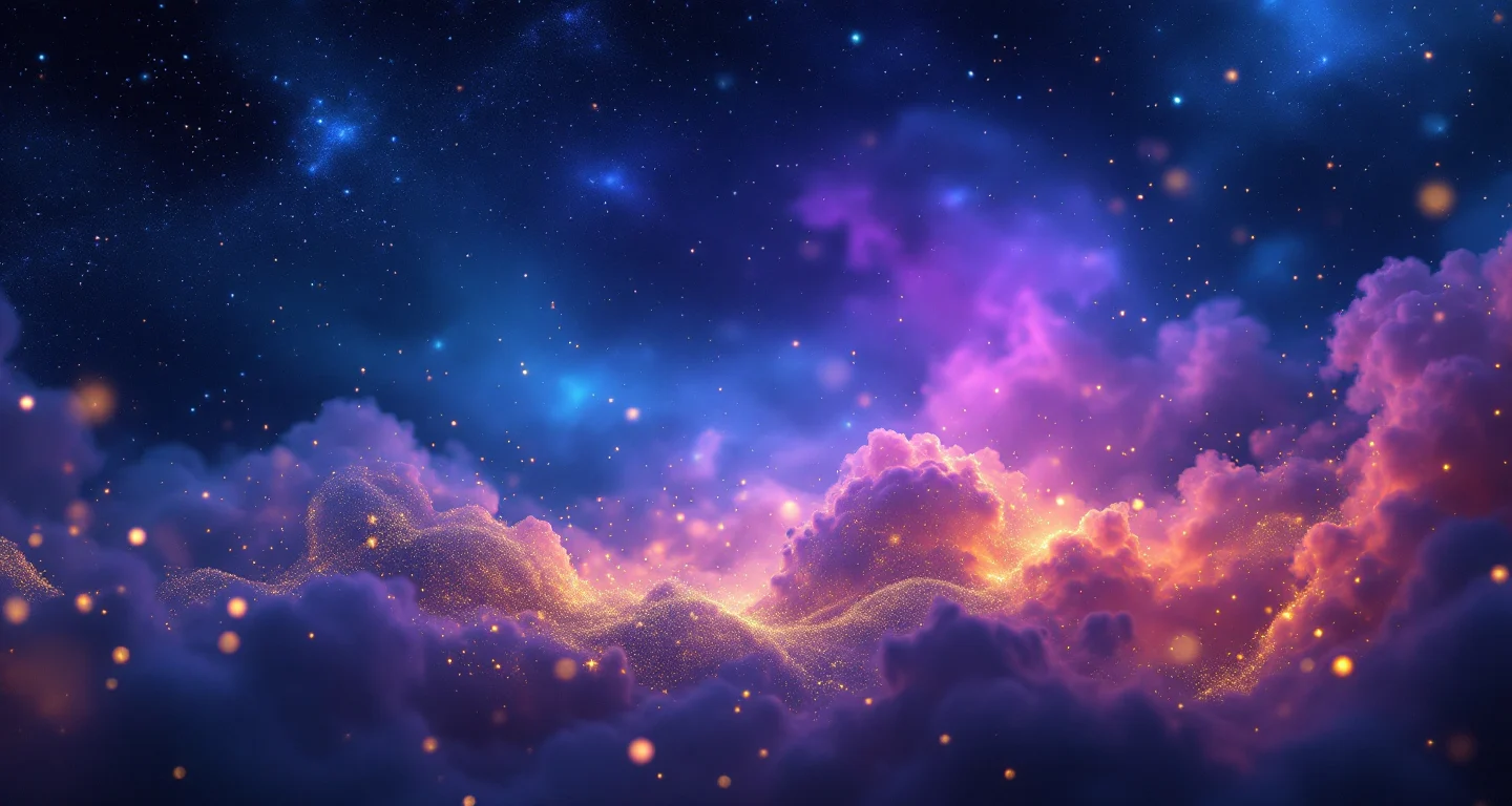 Rüyada Trene Binmek sembolünü temsil eden, mor-magenta bulutsu ve altın yıldızlardan oluşan atmosferik rüya sahnesi.