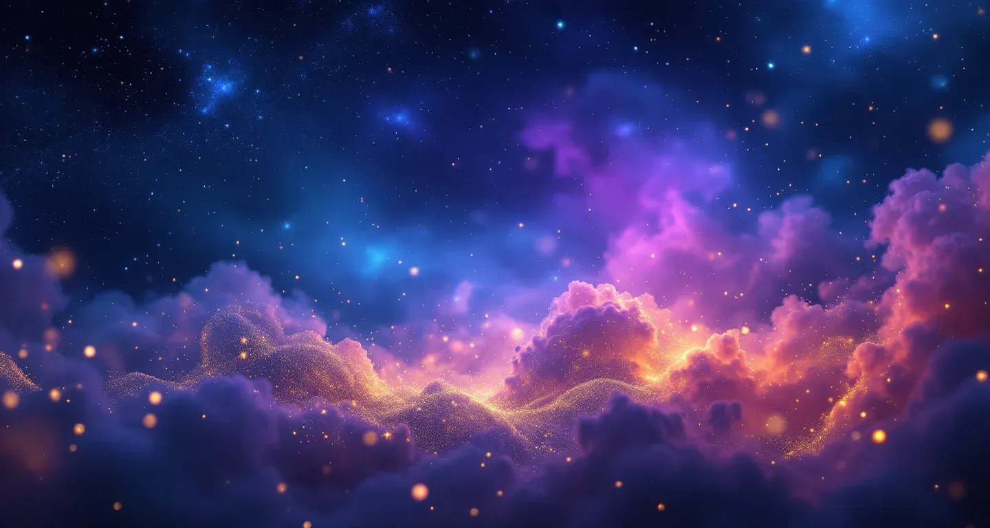 Atmosphärische Traumlandschaft aus violett-magenta Nebel und goldenen Sternen, die das Symbol des Traums vom Zugfahren darstellt.
