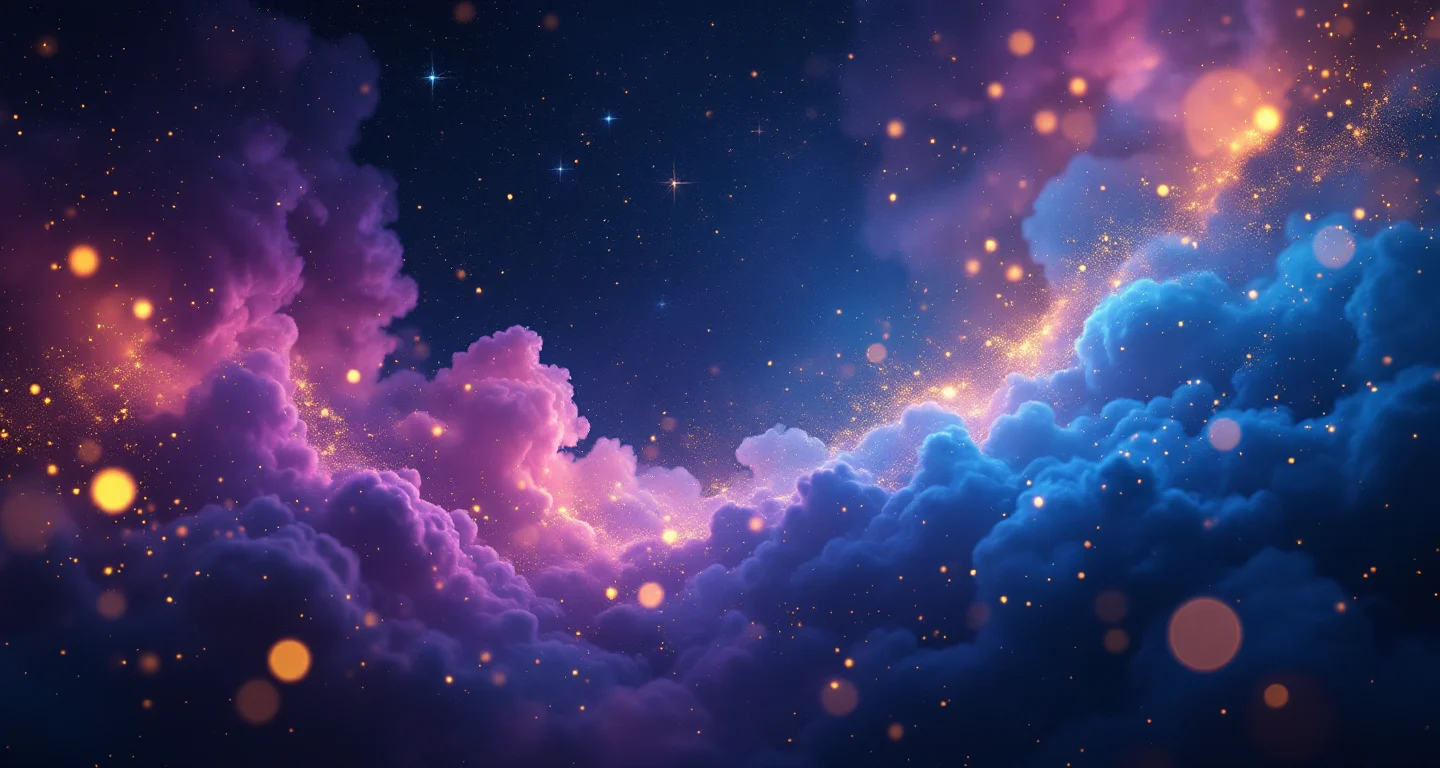 Rüyada Tünelden Çıktığını Görmek sembolünü temsil eden, mor-magenta bulutsu ve altın yıldızlardan oluşan atmosferik rüya sahnesi.