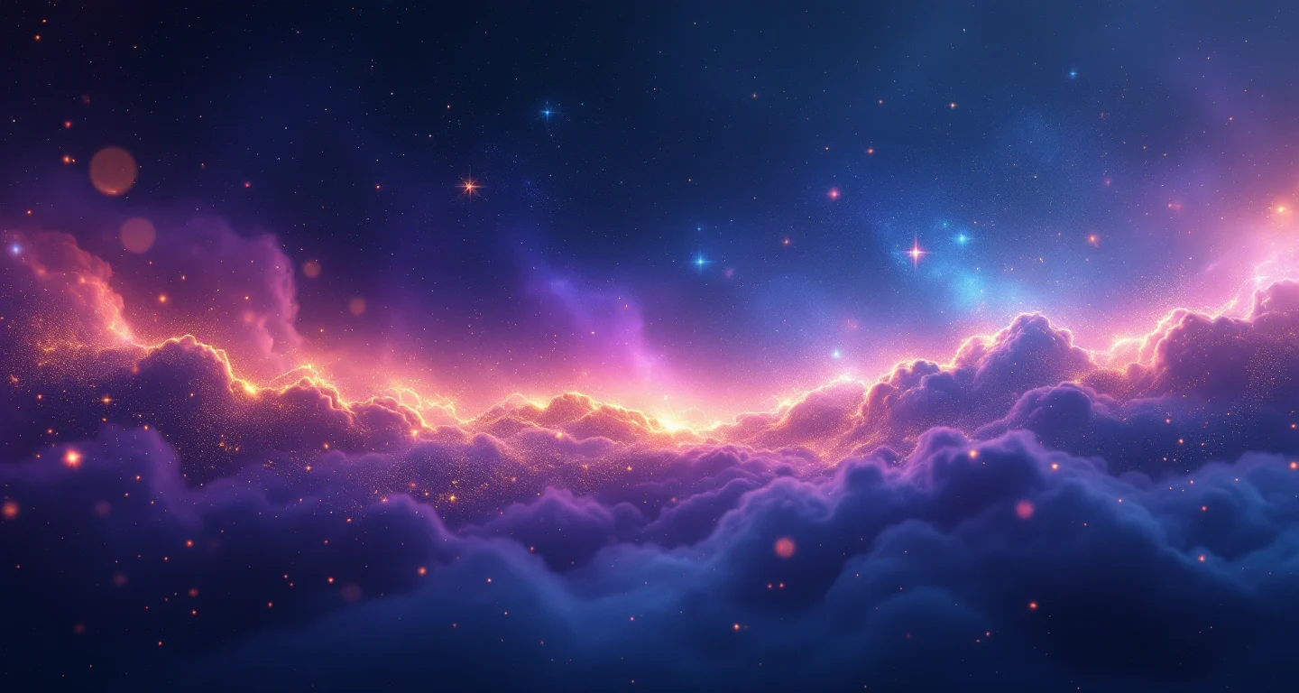 Rüyada Tuvalet Aramak sembolünü temsil eden, mor-magenta bulutsu ve altın yıldızlardan oluşan atmosferik rüya sahnesi.