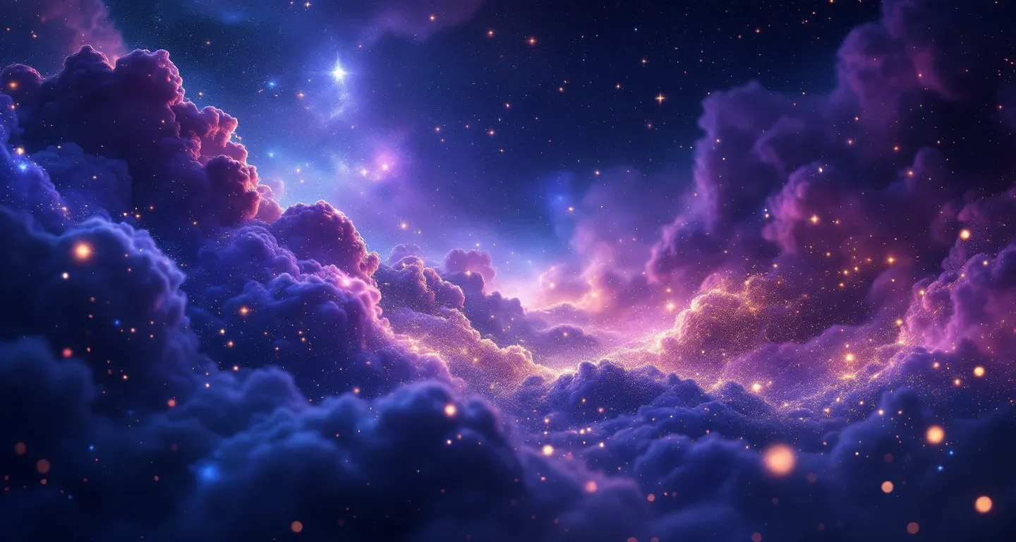 Escena onírica atmosférica con nebulosas morado-magenta y estrellas doradas que representa el símbolo de ver limpiar el inodoro en sueños.