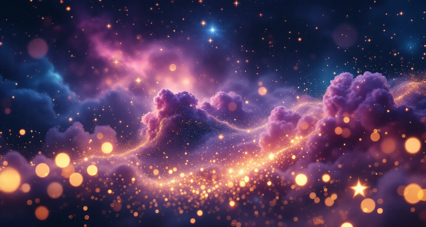 Rüyada Tuvaletini Yapmak Görmek sembolünü temsil eden, mor-magenta bulutsu ve altın yıldızlardan oluşan atmosferik rüya sahnesi.