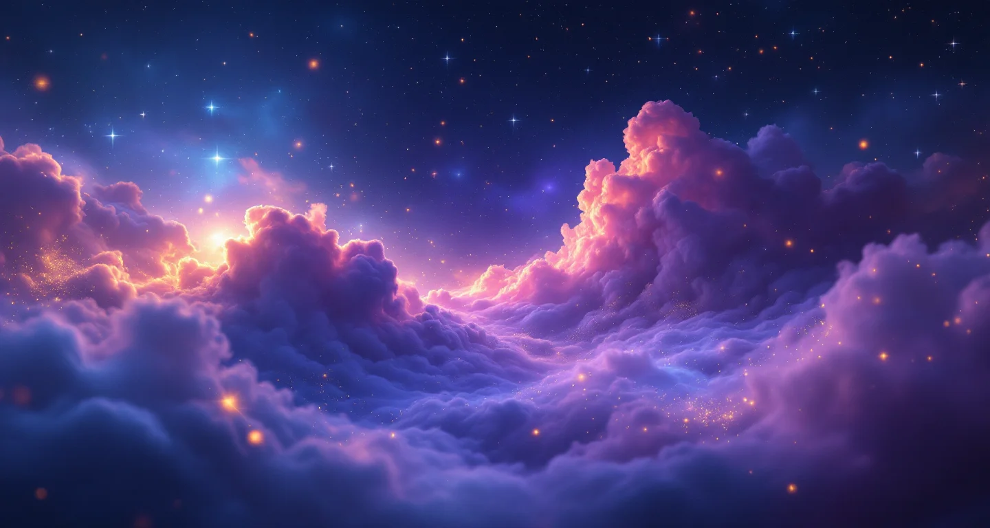 Rüyada Tuvalette Bok Görmek sembolünü temsil eden, mor-magenta bulutsu ve altın yıldızlardan oluşan atmosferik rüya sahnesi.