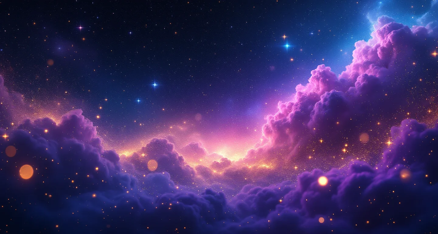 Rüyada Uçağa Binmek Görmek sembolünü temsil eden, mor-magenta bulutsu ve altın yıldızlardan oluşan atmosferik rüya sahnesi.
