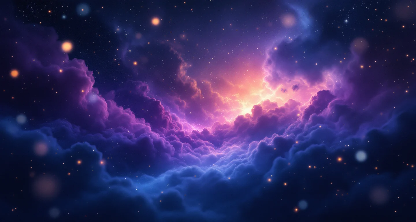 Rüyada Uçak Görmek sembolünü temsil eden, mor-magenta bulutsu ve altın yıldızlardan oluşan atmosferik rüya sahnesi.