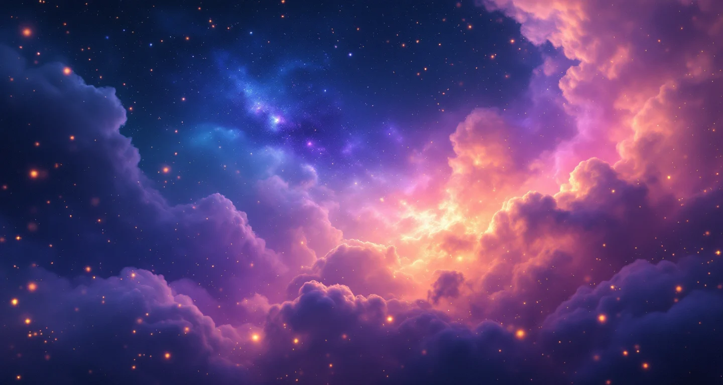 Ruyada Ucmak Gormek sembolünü temsil eden, mor-magenta bulutsu ve altın yıldızlardan oluşan atmosferik rüya sahnesi.