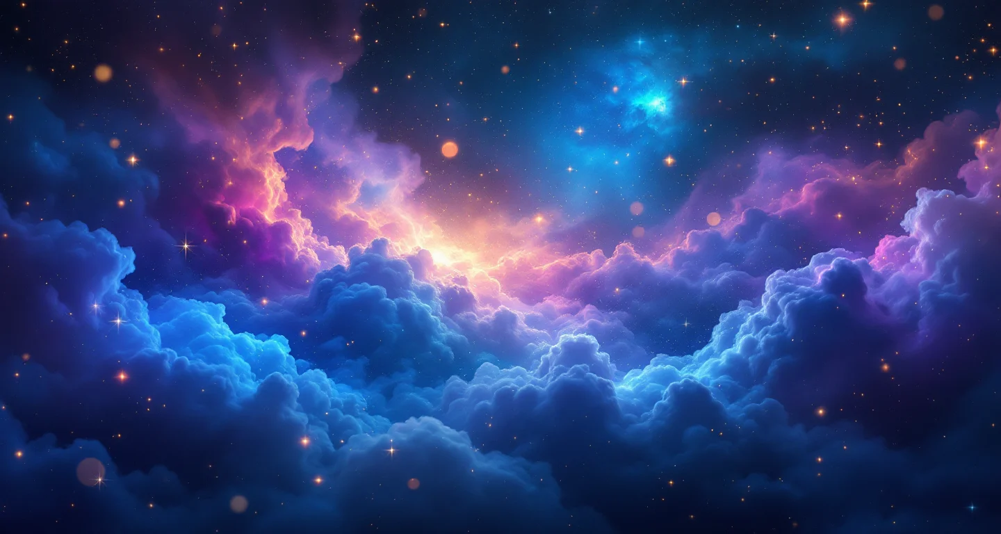 Rüyada Umreye Gitmek İçin Hazırlanmak Ama Gidememek Görmek sembolünü temsil eden, mor-magenta bulutsu ve altın yıldızlardan oluşan atmosferik rüya sahnesi.