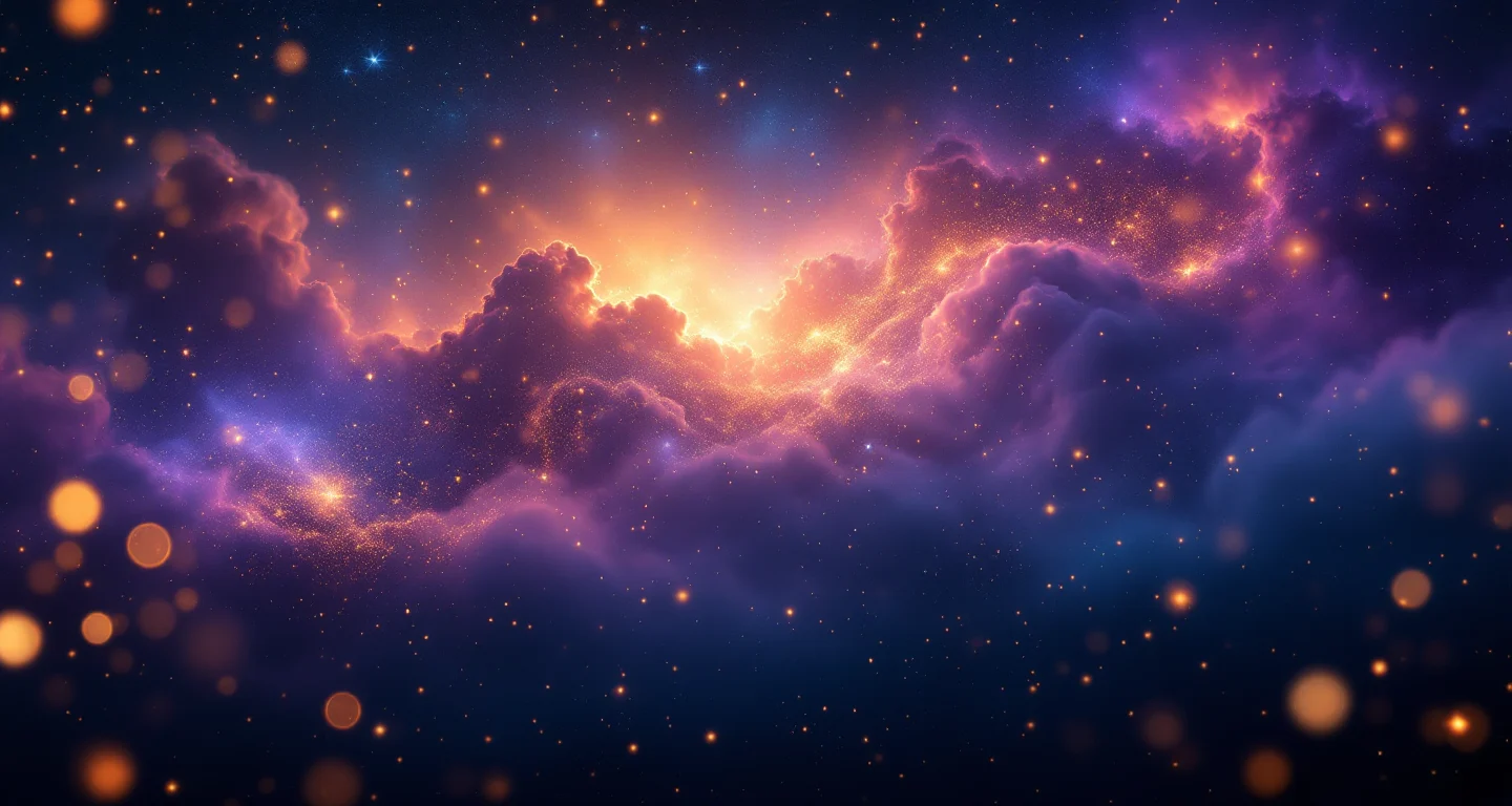 Rüyada Ünlü Birini Görmek sembolünü temsil eden, mor-magenta bulutsu ve altın yıldızlardan oluşan atmosferik rüya sahnesi.