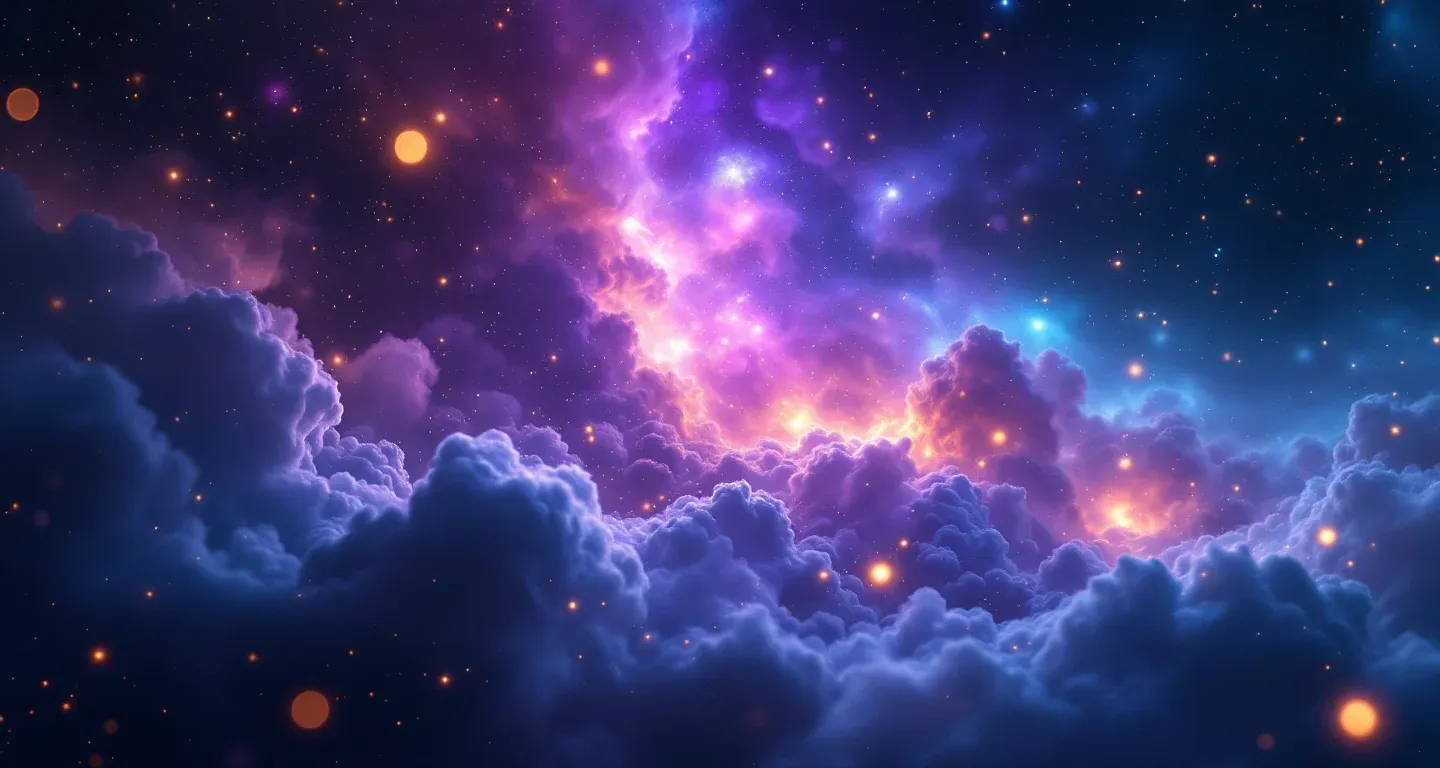 Escena onírica atmosférica con nebulosa morado-magenta y estrellas doradas que representa el símbolo de soñar con el torso descubierto.