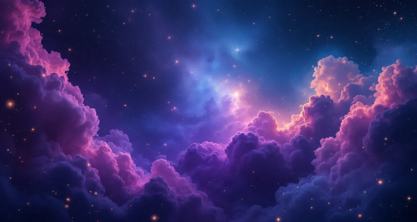 遠くにいる息子がやって来る夢を象徴する、紫からマゼンタの星雲と金色の星が広がる幻想的な夢の情景。