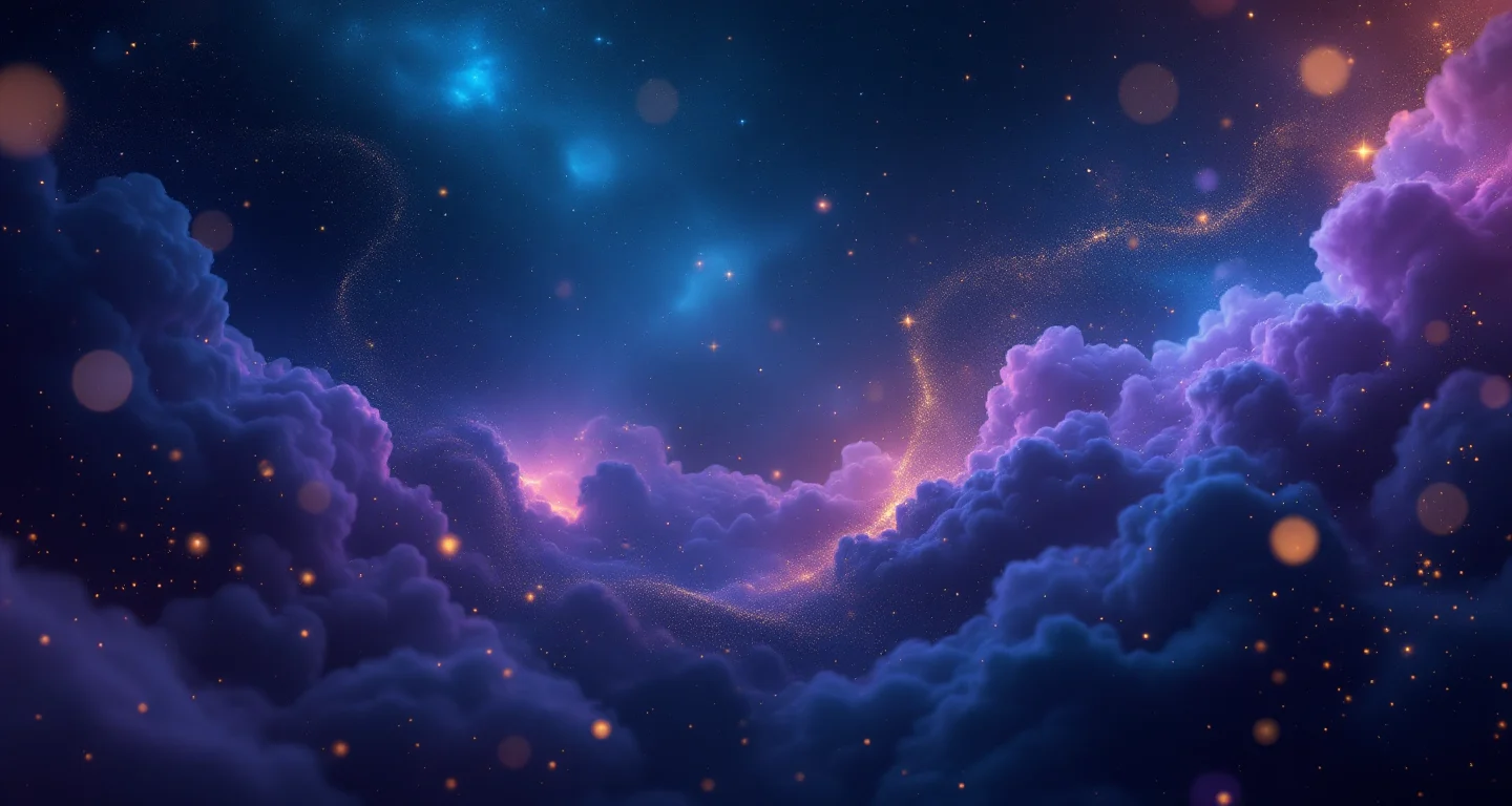 Rüyada Uzaktan Uçak Düştüğünü Görmek sembolünü temsil eden, mor-magenta bulutsu ve altın yıldızlardan oluşan atmosferik rüya sahnesi.