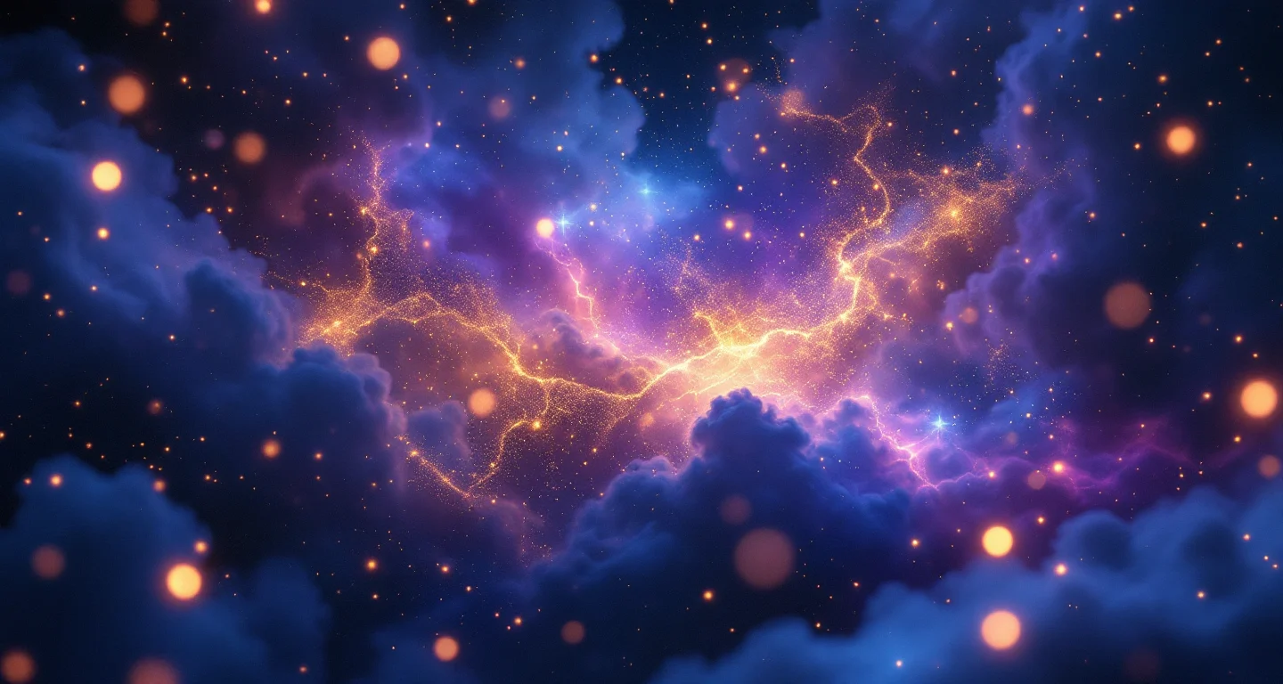 Rüyada Uzum Gormek sembolünü temsil eden, mor-magenta bulutsu ve altın yıldızlardan oluşan atmosferik rüya sahnesi.