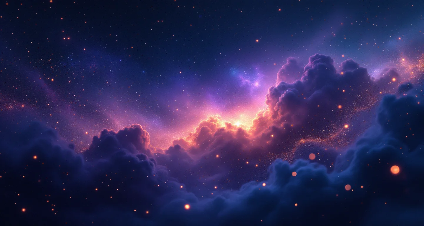 Rüyada Vücuttan Kir Dökülmesi Görmek sembolünü temsil eden, mor-magenta bulutsu ve altın yıldızlardan oluşan atmosferik rüya sahnesi.