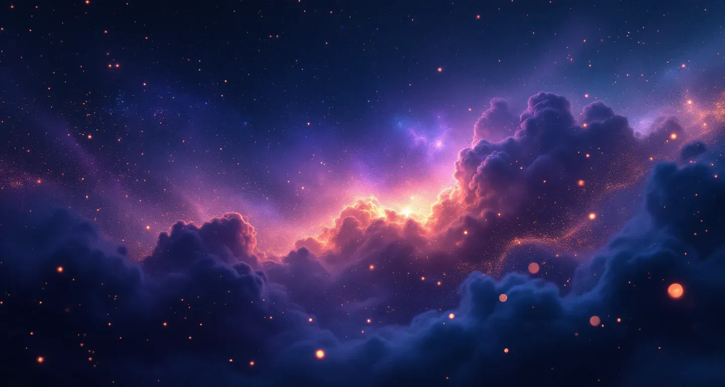体から汚れが落ちる夢を象徴する、紫がかったマゼンタの星雲と金色の星々が漂う幻想的な夢の情景。
