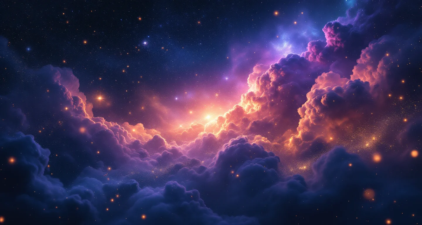 Rüyada Yağmur Yağdığını Görmek sembolünü temsil eden, mor-magenta bulutsu ve altın yıldızlardan oluşan atmosferik rüya sahnesi.