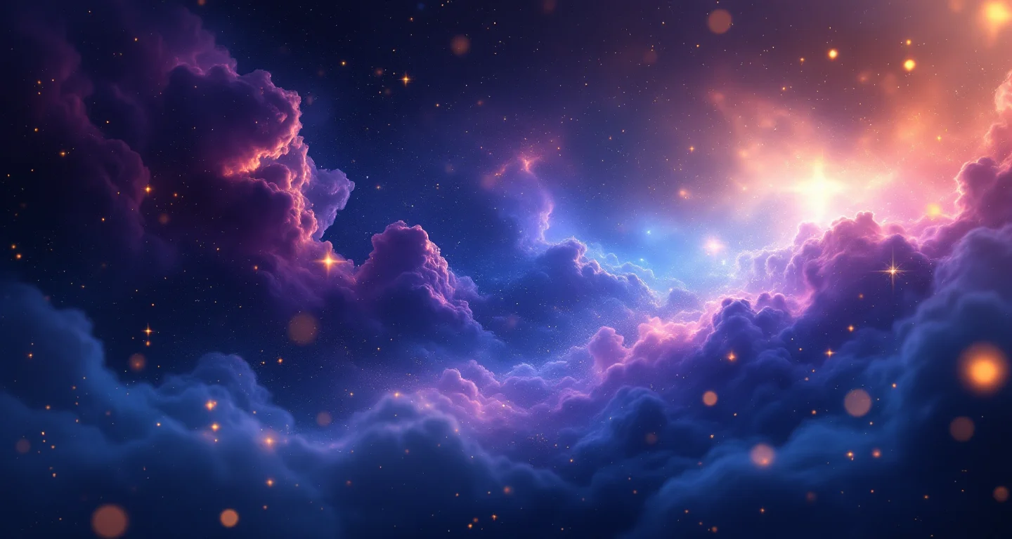 Rüyada Yağmurda Islanmak Görmek sembolünü temsil eden, mor-magenta bulutsu ve altın yıldızlardan oluşan atmosferik rüya sahnesi.