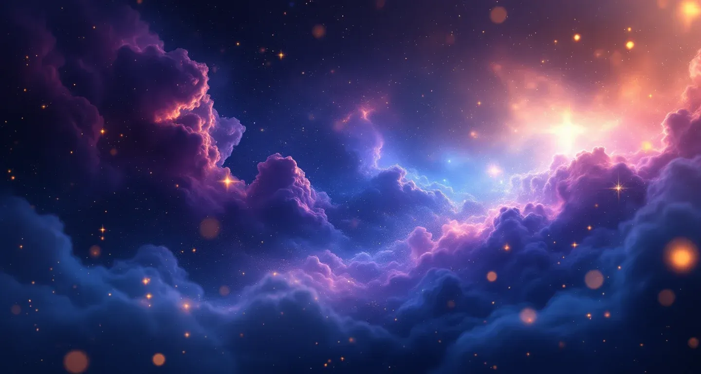 夢で雨に濡れる象徴を表す、紫がかったマゼンタの星雲と黄金の星々から成る幻想的な夢の情景。