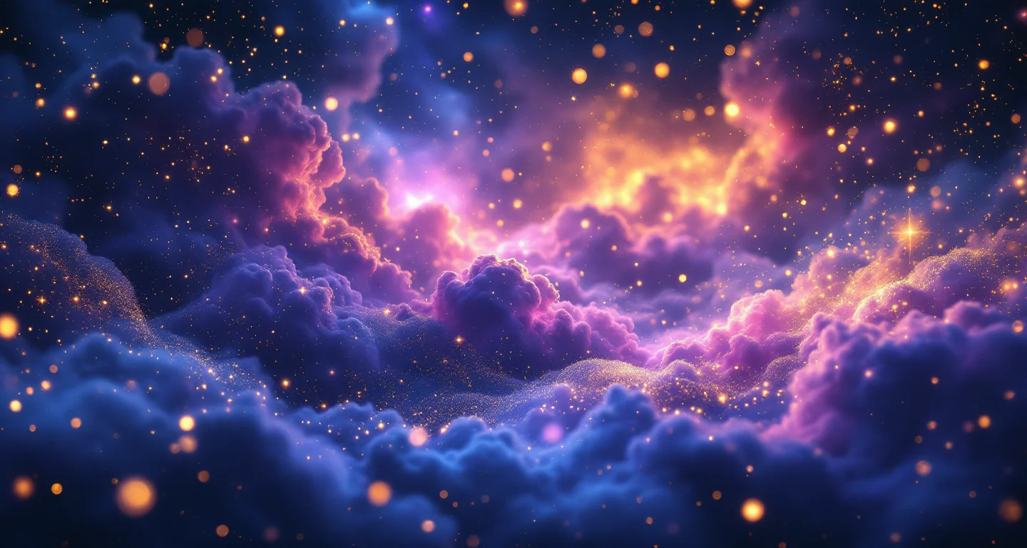 Rüyada Yangın Görmek sembolünü temsil eden, mor-magenta bulutsu ve altın yıldızlardan oluşan atmosferik rüya sahnesi.
