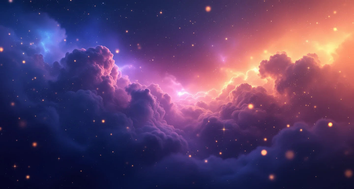 Rüyada Yangın Söndürmek Görmek sembolünü temsil eden, mor-magenta bulutsu ve altın yıldızlardan oluşan atmosferik rüya sahnesi.