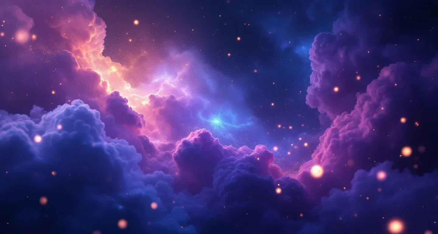 Atmosphärische Traumszene mit violett-magenta Nebel und goldenen Sternen, die das Symbol einer gefüllten Weinblattrolle im Traum darstellt.