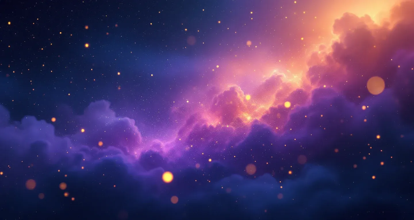 Atmosphärische Traumlandschaft aus violett-magenta Nebel und goldenen Sternen, die das Symbol Ein Bett im Traum sehen darstellt.