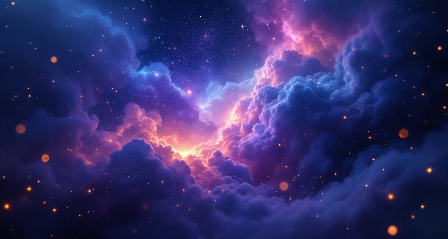 Rüyada Yavru Kedi Görmek sembolünü temsil eden, mor-magenta bulutsu ve altın yıldızlardan oluşan atmosferik rüya sahnesi.