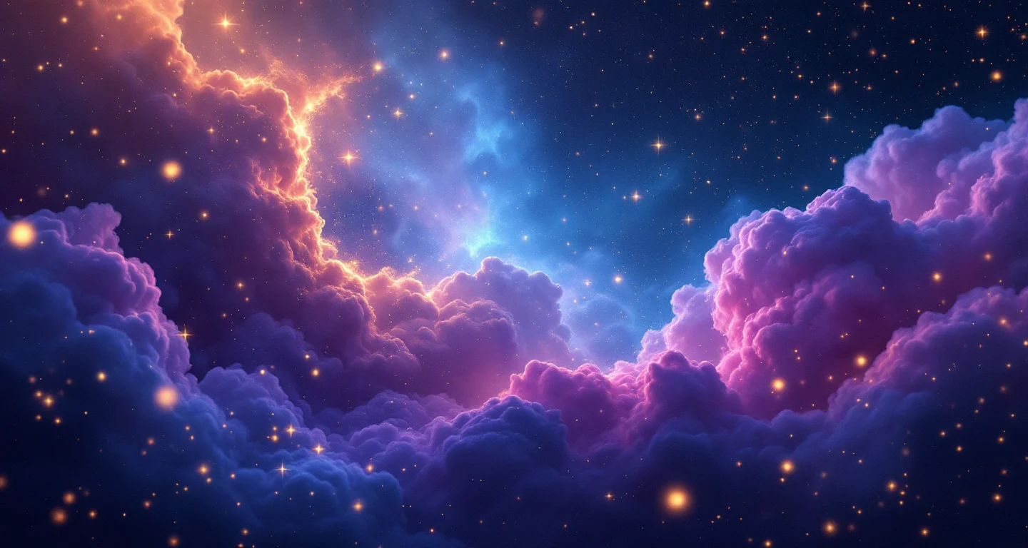 Rüyada Yavru Köpek Görmek sembolünü temsil eden, mor-magenta bulutsu ve altın yıldızlardan oluşan atmosferik rüya sahnesi.