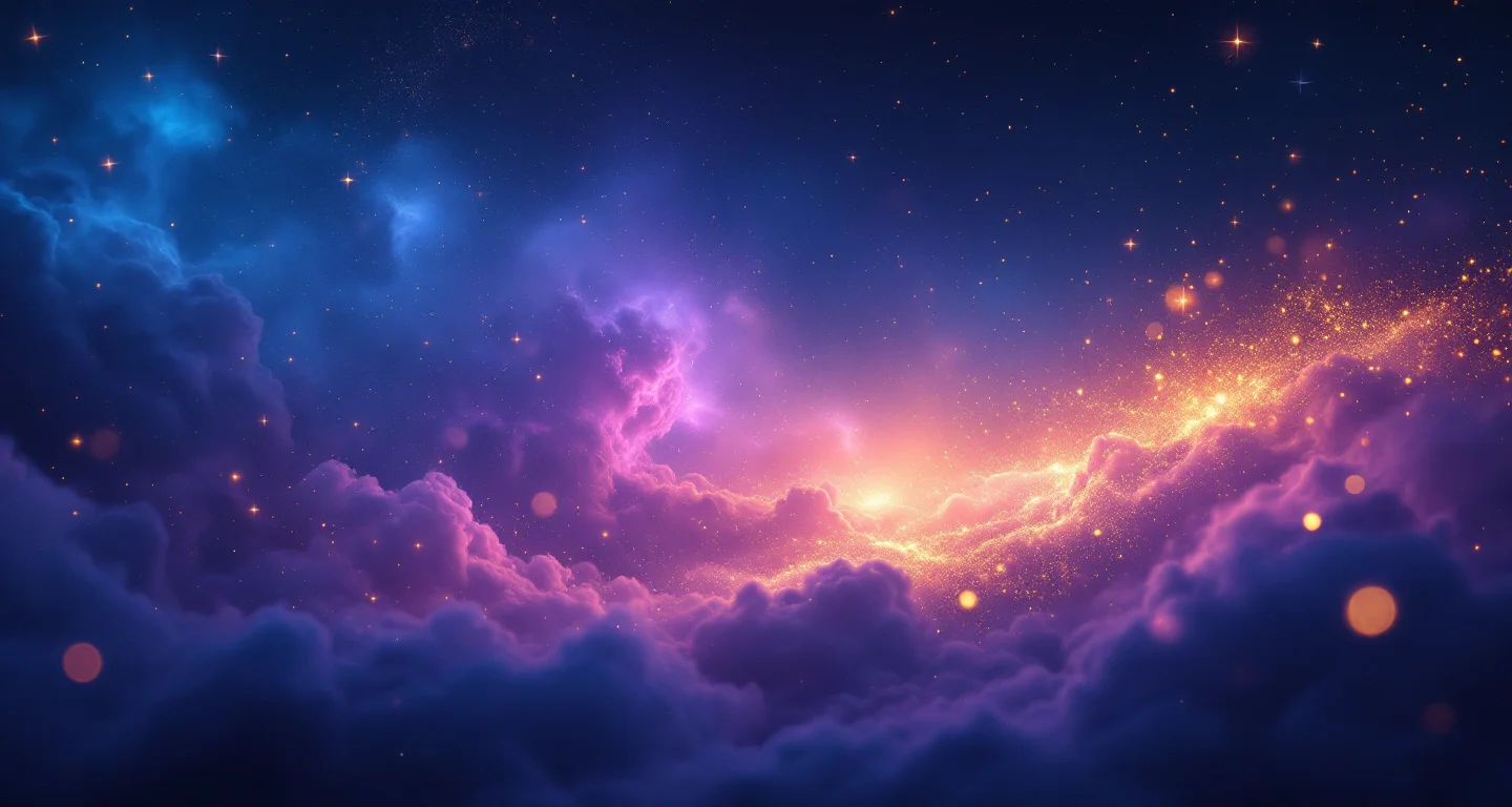 Rüyada Yavru Yılan Görmek sembolünü temsil eden, mor-magenta bulutsu ve altın yıldızlardan oluşan atmosferik rüya sahnesi.