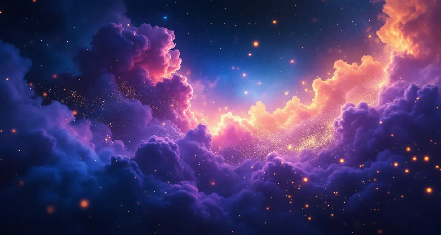 Escena onírica atmosférica con nebulosa morado-magenta y estrellas doradas, que representa el símbolo de Ver Repartir Comida en un Sueño.