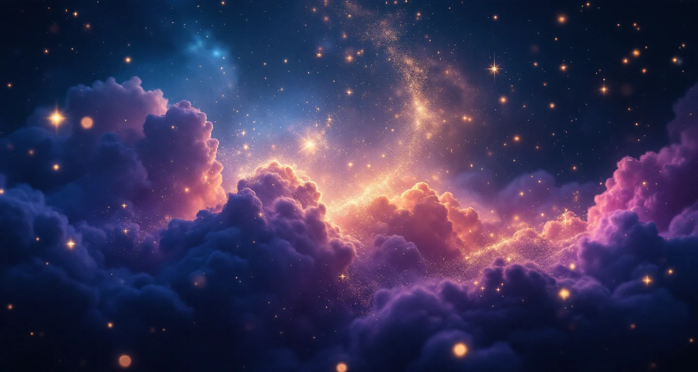 Rüyada Yemek Yemek sembolünü temsil eden, mor-magenta bulutsu ve altın yıldızlardan oluşan atmosferik rüya sahnesi.