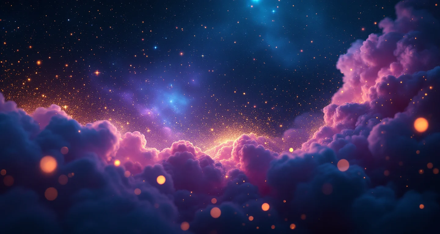 Rüyada Yeni Doğmuş Bebek Görmek sembolünü temsil eden, mor-magenta bulutsu ve altın yıldızlardan oluşan atmosferik rüya sahnesi.