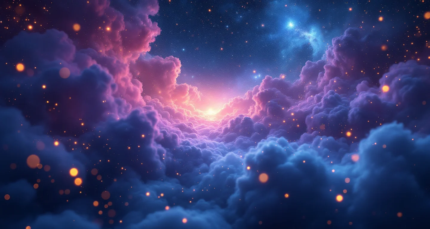 Rüyada Yeşillik Görmek sembolünü temsil eden, mor-magenta bulutsu ve altın yıldızlardan oluşan atmosferik rüya sahnesi.