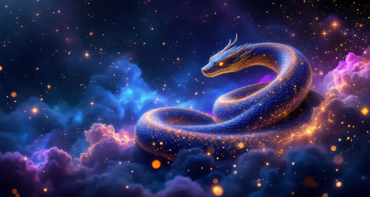 Atmosphärische Traumszene mit violett-magenta Nebel und goldenen Sternen, die das Symbol „Eine Schlange im Traum sehen“ darstellt.