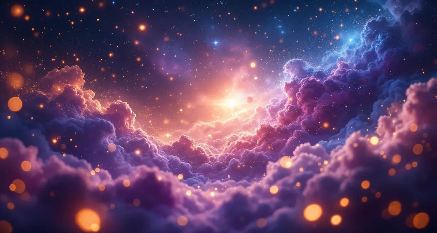 Escena onírica atmosférica con una nebulosa morado-magenta y estrellas doradas, que representa el símbolo de un ataque de serpiente.