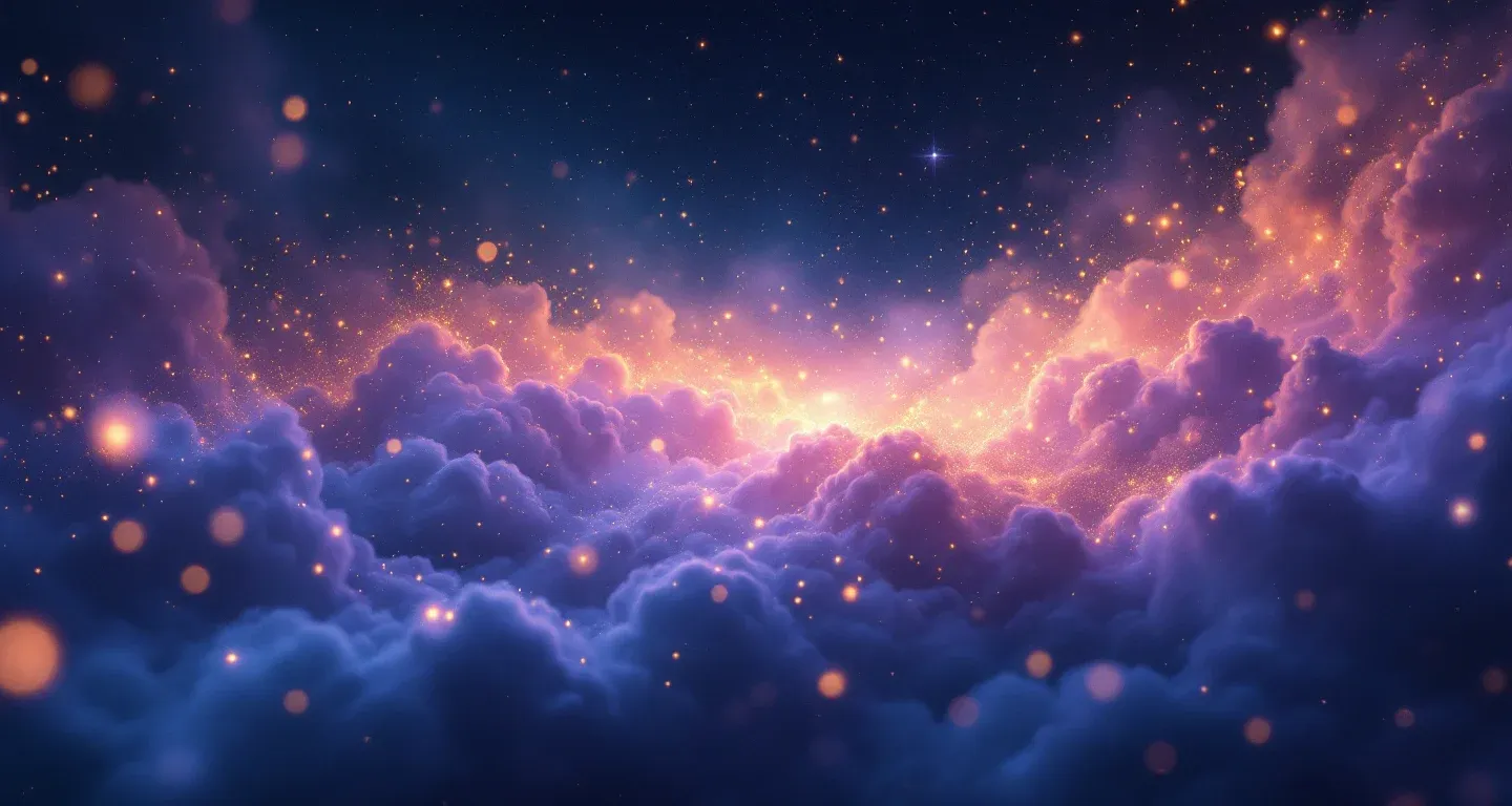 Atmosphärische Traumlandschaft mit violett-magenta Nebelschwaden und goldenen Sternen, die das Symbol 'Im Traum versuchen, den Weg zu finden' darstellt.