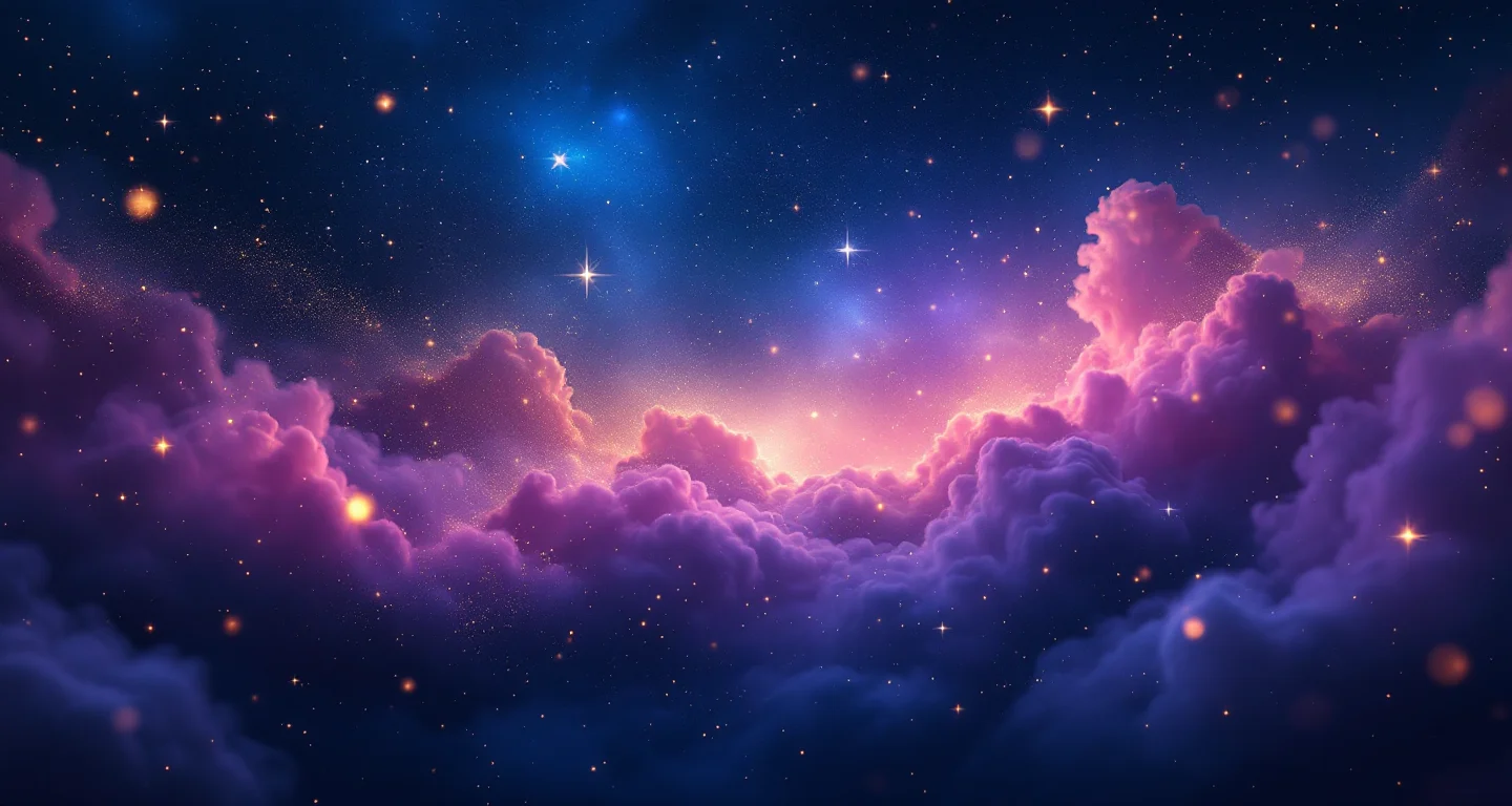 Rüyada Yüksek Bir Yerden Tutunarak Inmek Görmek sembolünü temsil eden, mor-magenta bulutsu ve altın yıldızlardan oluşan atmosferik rüya sahnesi.
