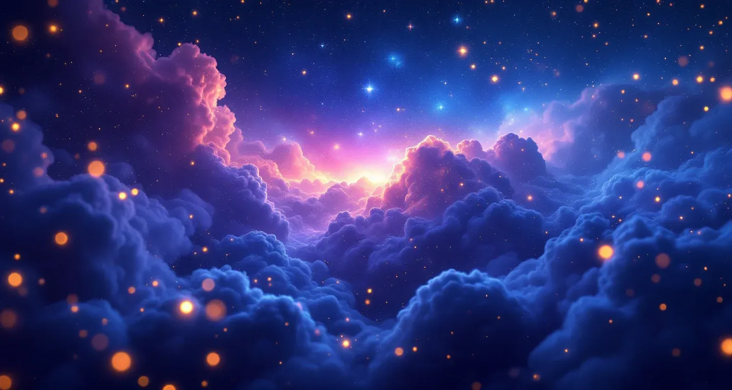 Escena onírica atmosférica formada por una neblina morado-magenta y estrellas doradas, que representa el símbolo de no poder bajar una escalera alta en sueño.