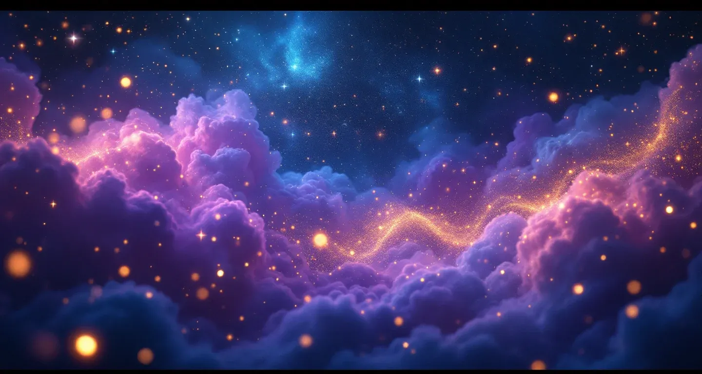 Atmosphärische Traumlandschaft, die das Symbol des Eierkochens im Traum darstellt, mit violett-magenta Nebeln und goldenen Sternen.