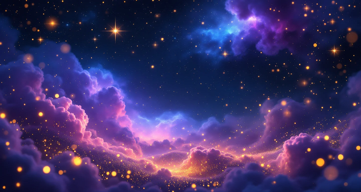 Rüyada Yurt Dışına Gitmek Görmek sembolünü temsil eden, mor-magenta bulutsu ve altın yıldızlardan oluşan atmosferik rüya sahnesi.