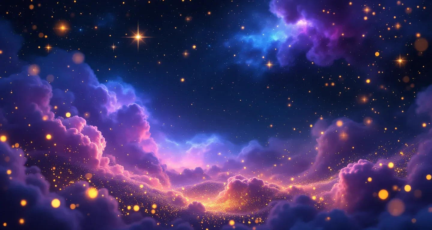 夢で海外へ行くのを見る象徴を表す、紫からマゼンタの星雲と金色の星が漂う幻想的な夢の風景。