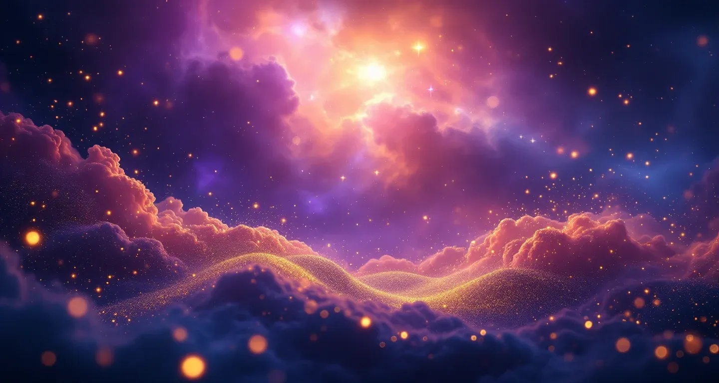 Scena onirica atmosferica con nebulose viola e magenta e stelle d’oro, a rappresentare il simbolo della paralisi facciale secondo il Diyanet.