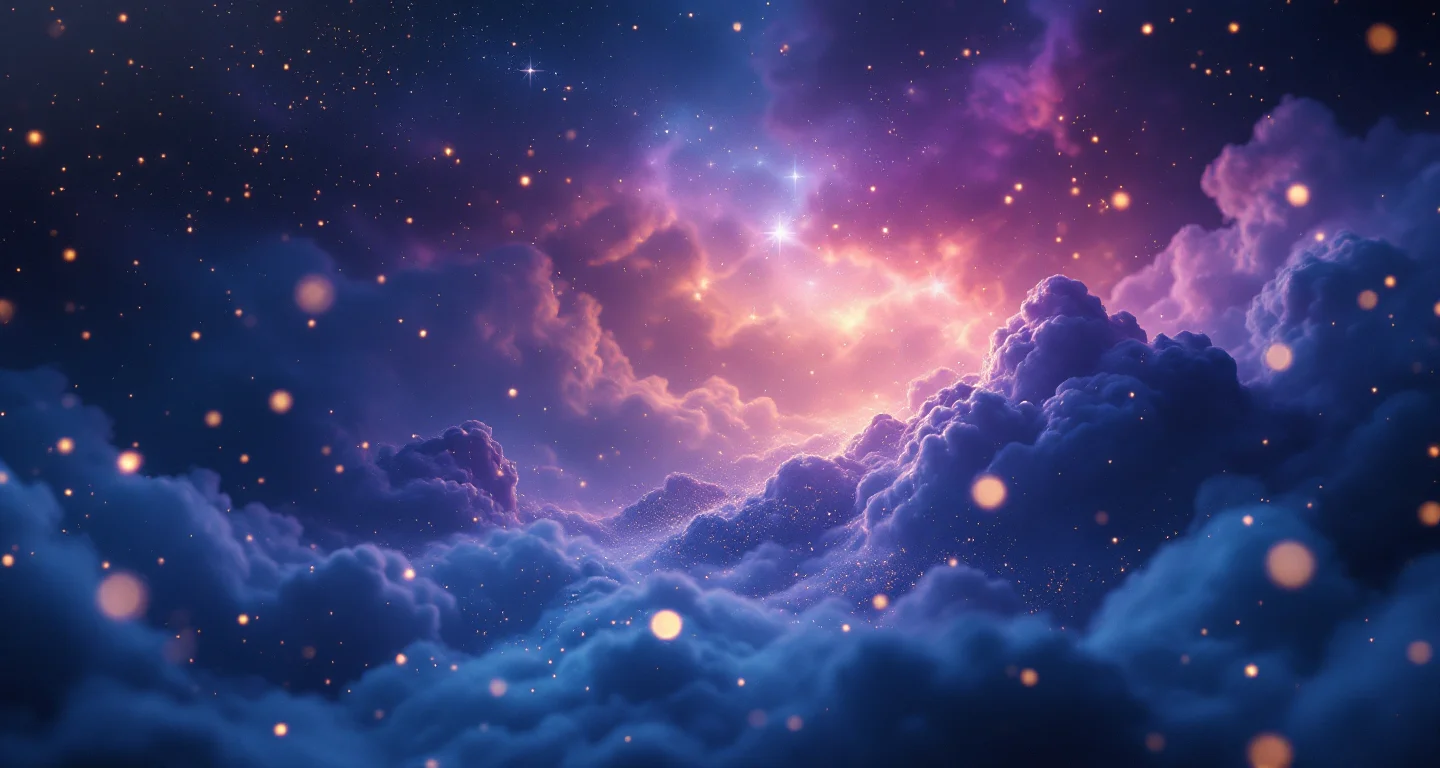 Rüyada Yuzmek Gormek sembolünü temsil eden, mor-magenta bulutsu ve altın yıldızlardan oluşan atmosferik rüya sahnesi.