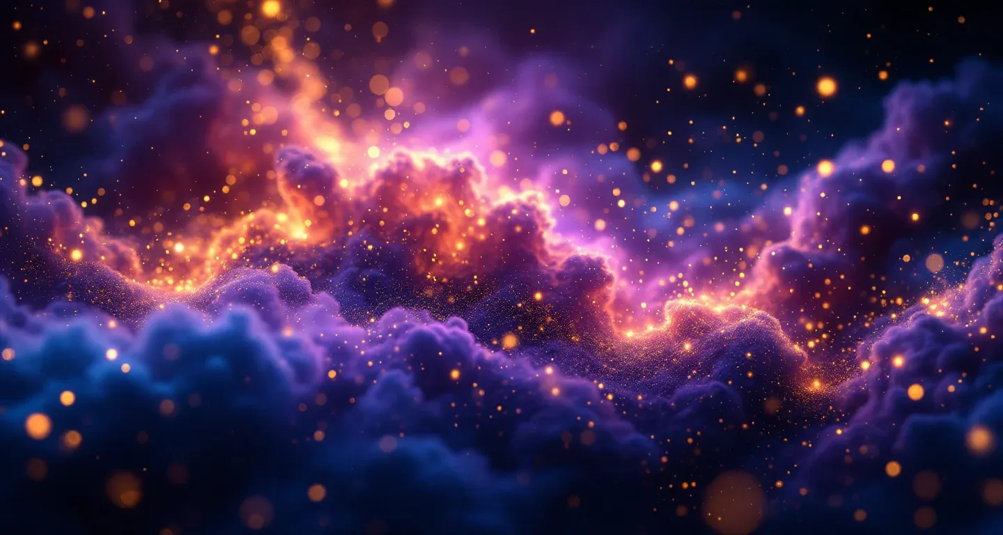 Atmosphärische Traumlandschaft aus violett-magenta Nebeln und goldenen Sternen, die das Symbol des geschwollenen Gesichts im Traum darstellt.