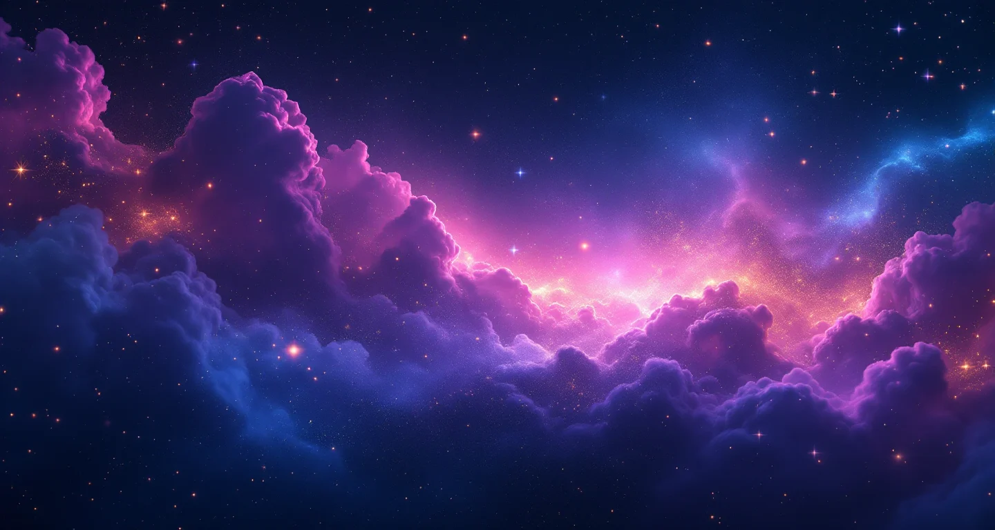 Rüyada Zikir Çeken Erkekler Görmek sembolünü temsil eden, mor-magenta bulutsu ve altın yıldızlardan oluşan atmosferik rüya sahnesi.