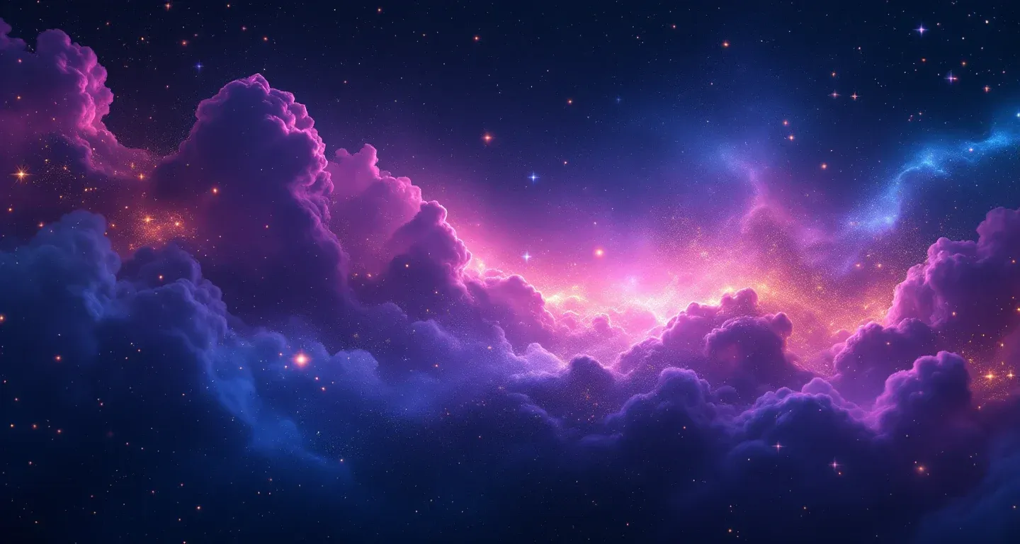 夢で念仏を唱える男たちを見ることを表す、紫がかったマゼンタの星雲と金色の星からなる幻想的な夢の情景。